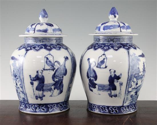A pair of Chinese blue and white baluster jars and covers, late 19th century 28.5cm, both repaired